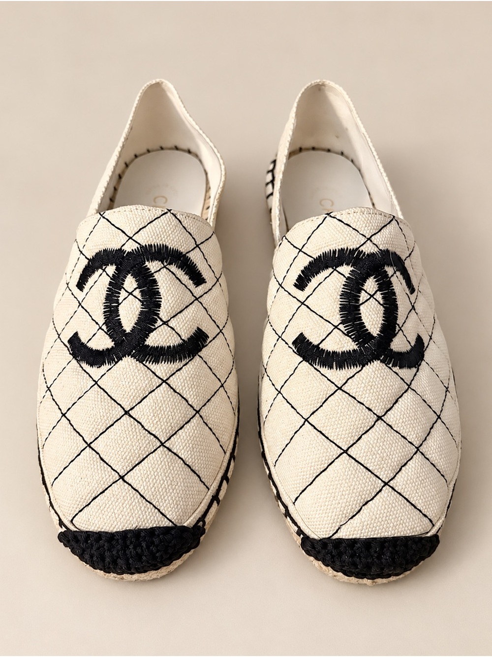Cream and Black Quilted Espadrilles